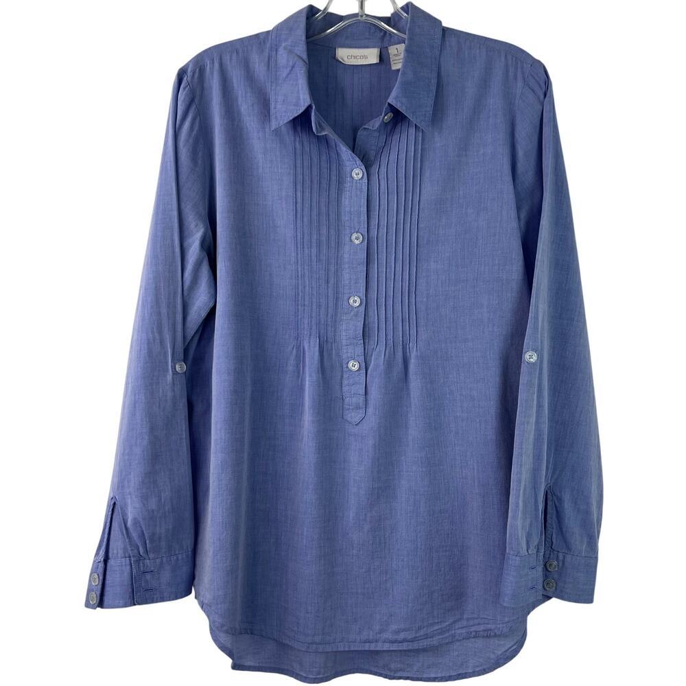 Chico's Women's Blouse Cotton Blue Long Sleeves Office Wear Size 1 (M/8)